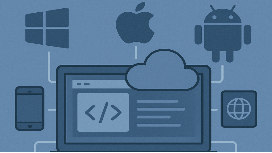 Symbolbild für plattformübergreifende Softwareentwicklung: Laptop mit Cloud-Icon und Betriebssystem-Logos von Windows, Apple und Android sowie angeschlossene Endgeräte.