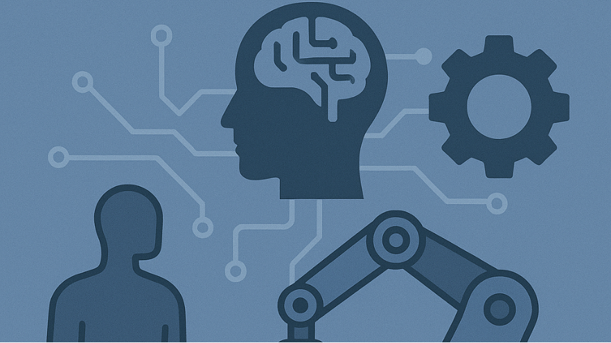 Darstellung von Industrie 4.0/5.0: Mensch, Roboterarm und vernetztes Gehirn als Symbole für kollaborative Mensch-Maschine-Systeme und Automatisierung.