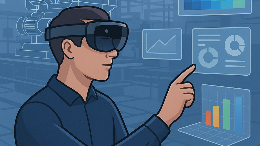 Person mit Augmented-Reality-Brille interagiert mit digitalen Benutzeroberflächen in einer Industrieumgebung – Darstellung digitaler Visualisierung in Echtzeit.