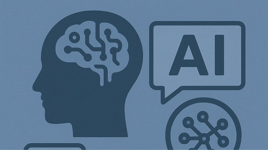 Visualisierung von künstlicher Intelligenz mit stilisiertem Kopf, neuronalen Strukturen und „AI“-Sprechblase als Symbol für datenbasierte Entscheidungsprozesse.
