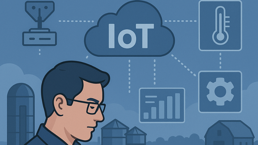 IoT-Anwendung in der Landwirtschaft: Vernetzte Sensorik, Cloud-basierte Auswertung und ein Landwirt mit Tablet – Darstellung digitaler Datenintegration in Agrarsystemen.