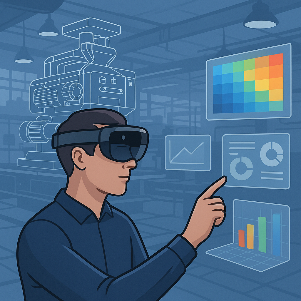 Person mit AR-Brille bedient virtuelle Benutzeroberflächen in einer digitalen Industrieumgebung. Umgebende Charts und Maschinen zeigen den Einsatz von Augmented Reality zur Datenvisualisierung.